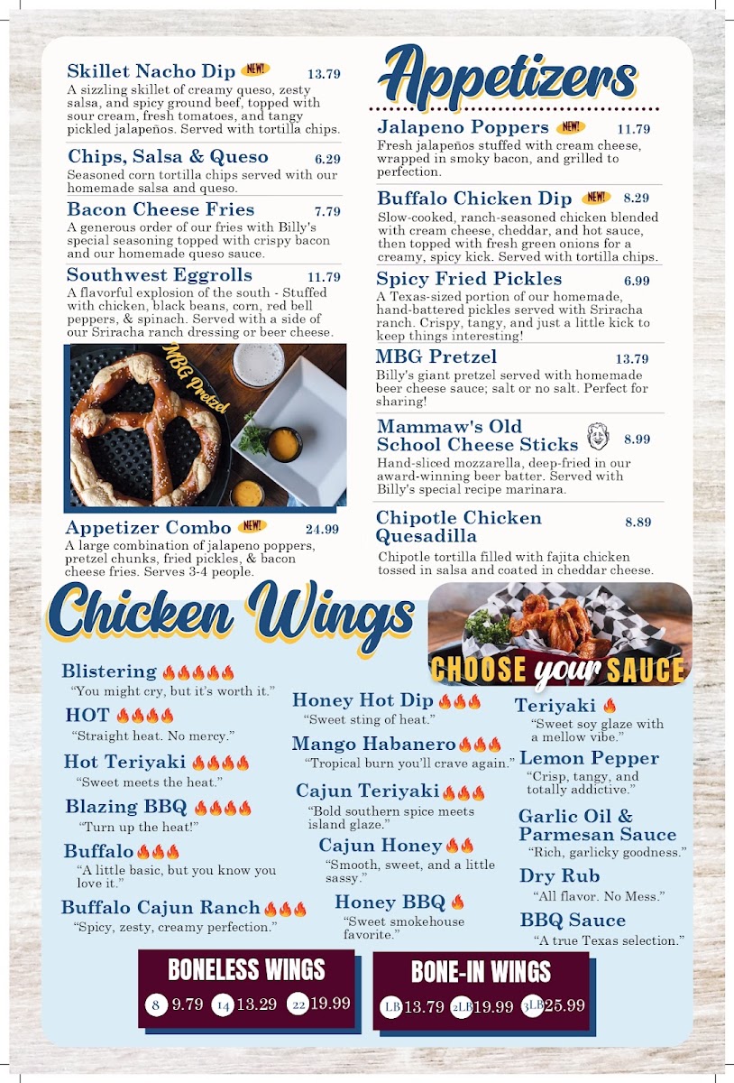 Billy's Grille & Bar menu board