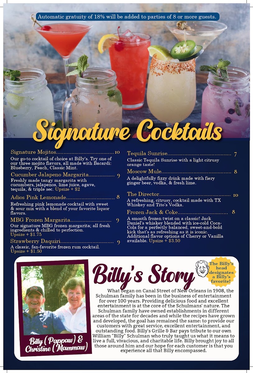 Billy's Grille & Bar menu board