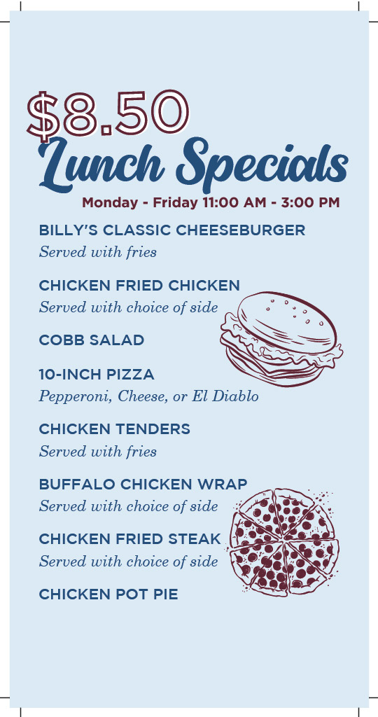 Billy's Grille & Bar menu board