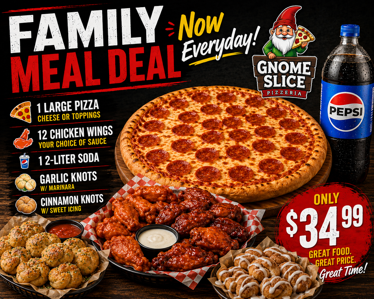 Gnome Slice Pizzeria menu board