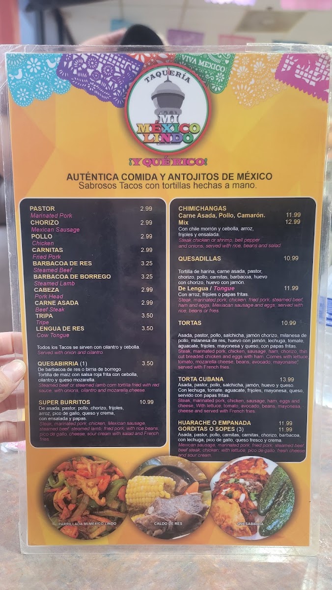 Taqueria My Beautiful Mexico, and How Delicious! menu board