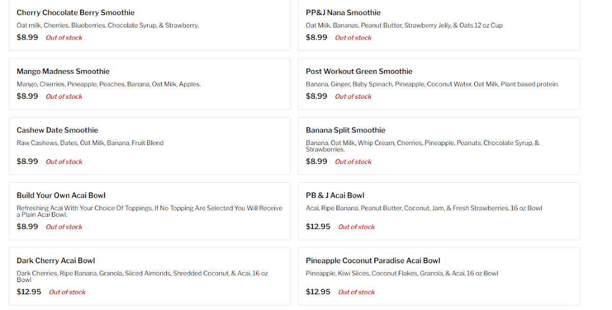 Fruitarian Cafe menu board