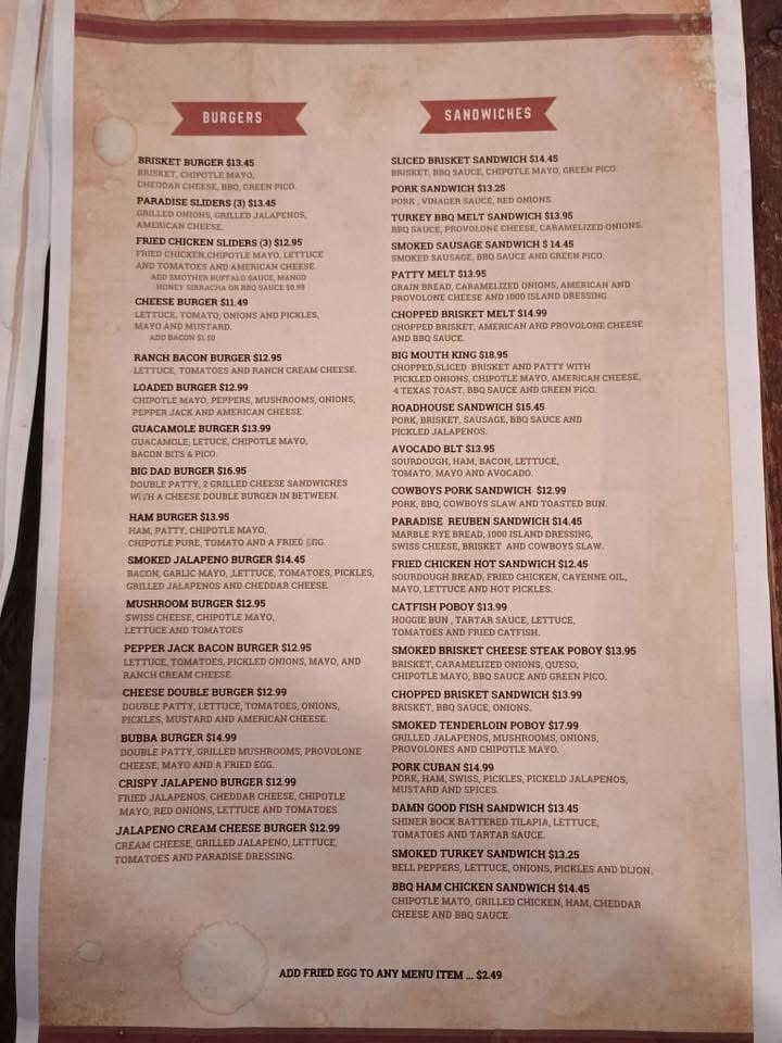 Paradise Roadhouse menu board