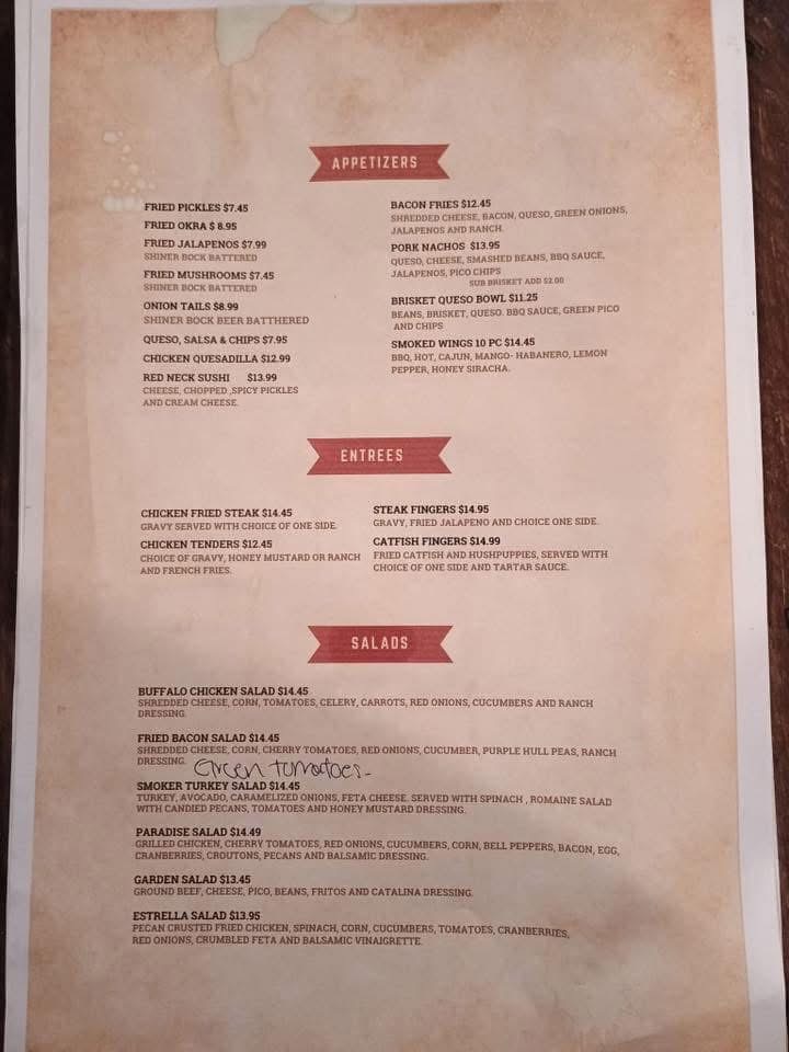 Paradise Roadhouse menu board