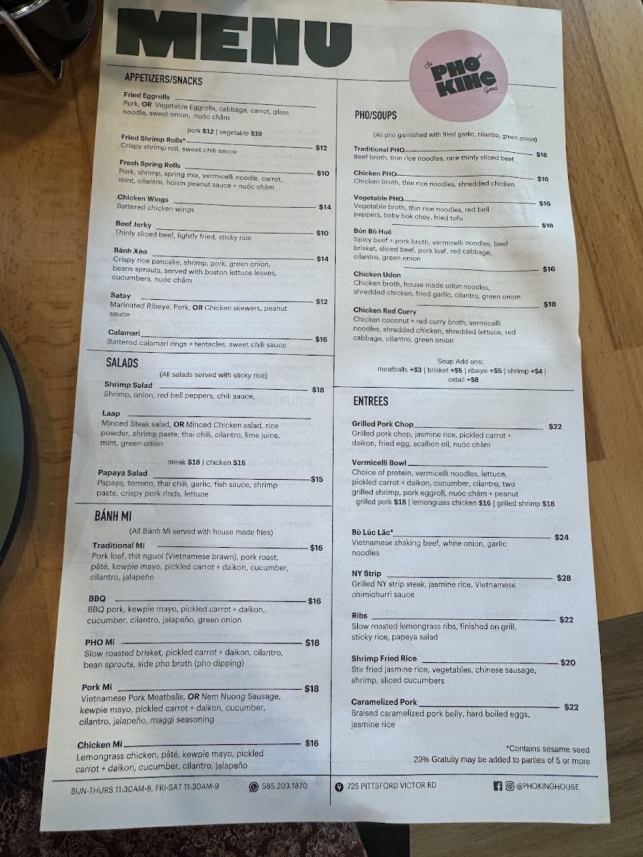 Pho King Vietnamese Eatery menu board
