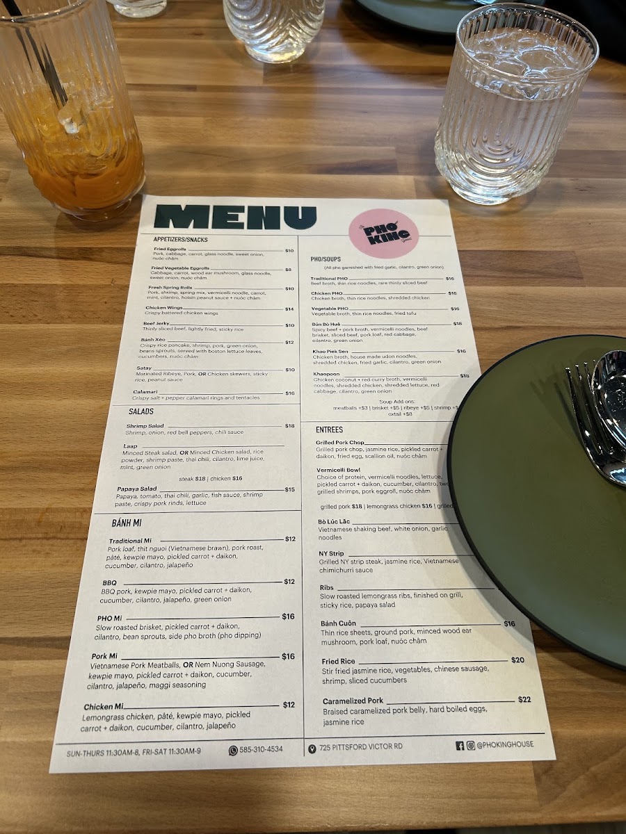 Pho King Vietnamese Eatery menu board