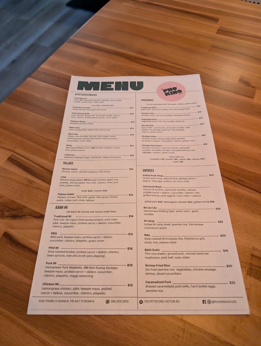 Pho King Vietnamese Eatery menu board