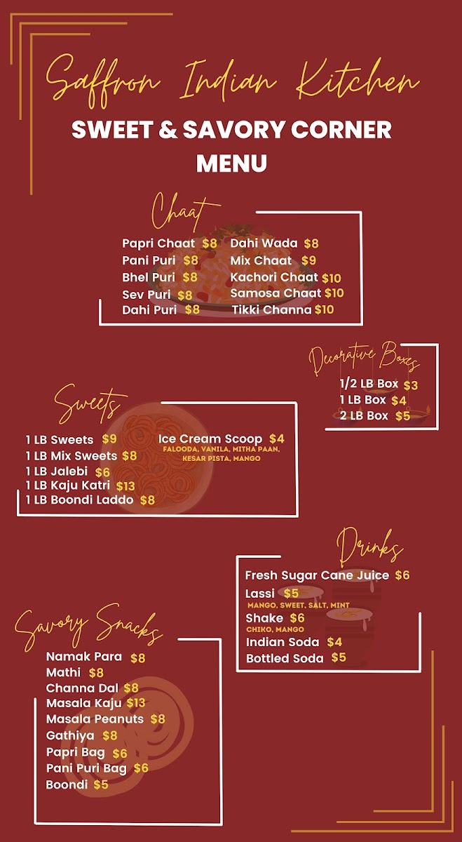 Saffron Indian Kitchen menu board