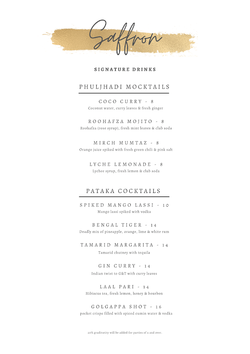 Saffron Indian Kitchen menu board