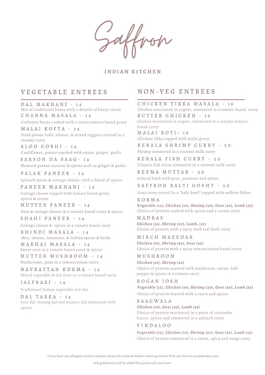 Saffron Indian Kitchen menu board