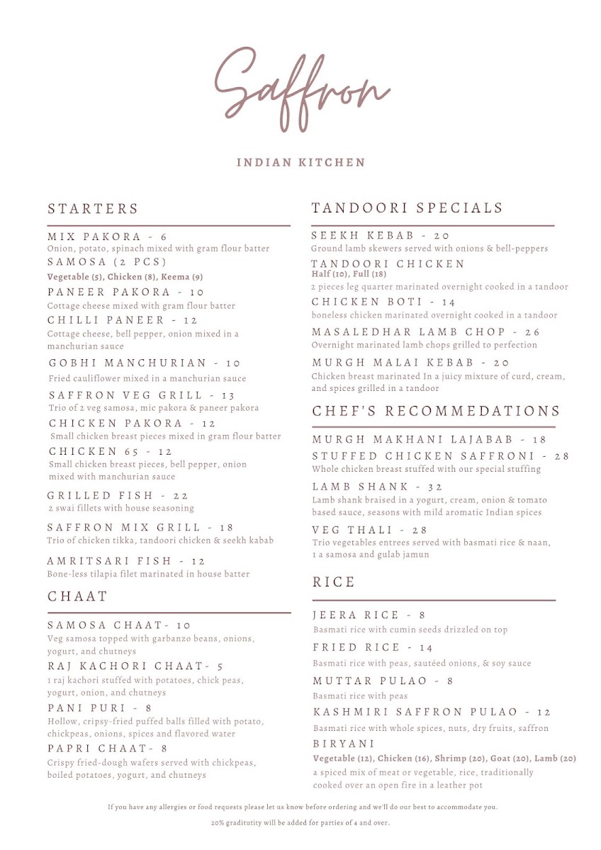 Saffron Indian Kitchen menu board