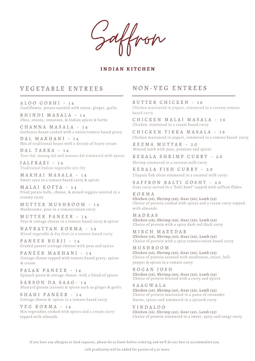 Saffron Indian Kitchen menu board