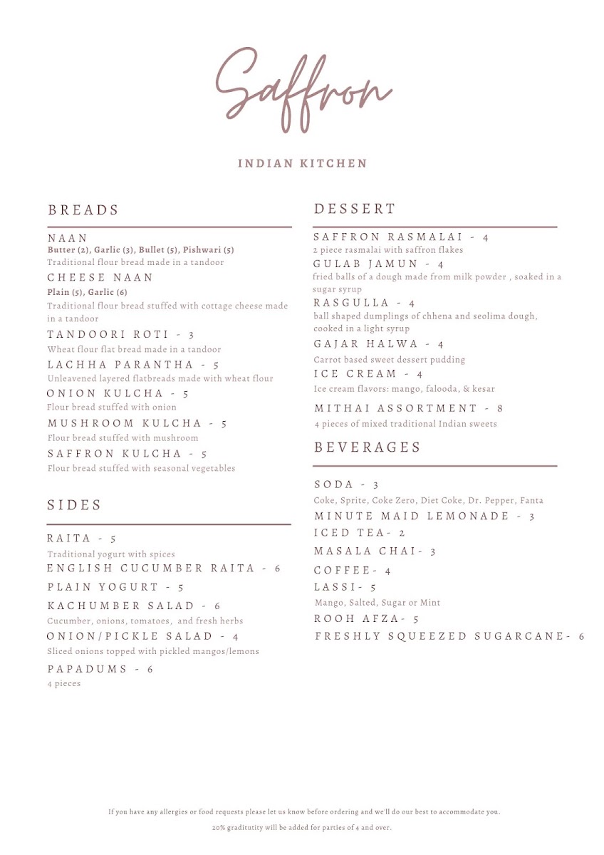 Saffron Indian Kitchen menu board