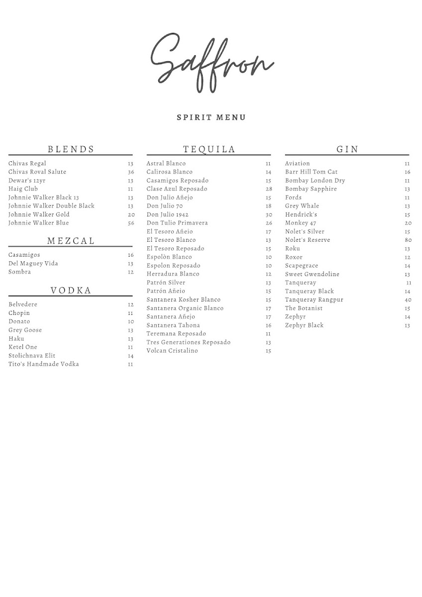 Saffron Indian Kitchen menu board