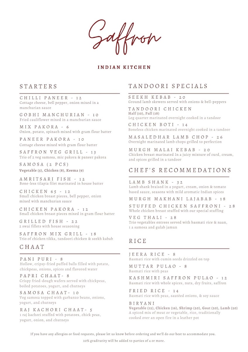 Saffron Indian Kitchen menu board