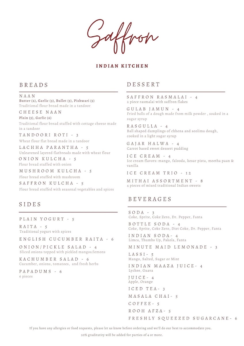 Saffron Indian Kitchen menu board