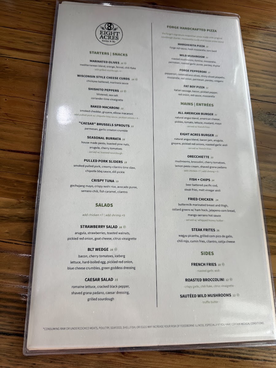 Eight Acres | Kitchen & Bar menu board