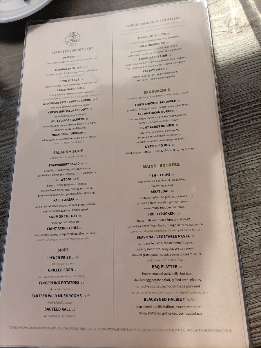 Eight Acres | Kitchen & Bar menu board