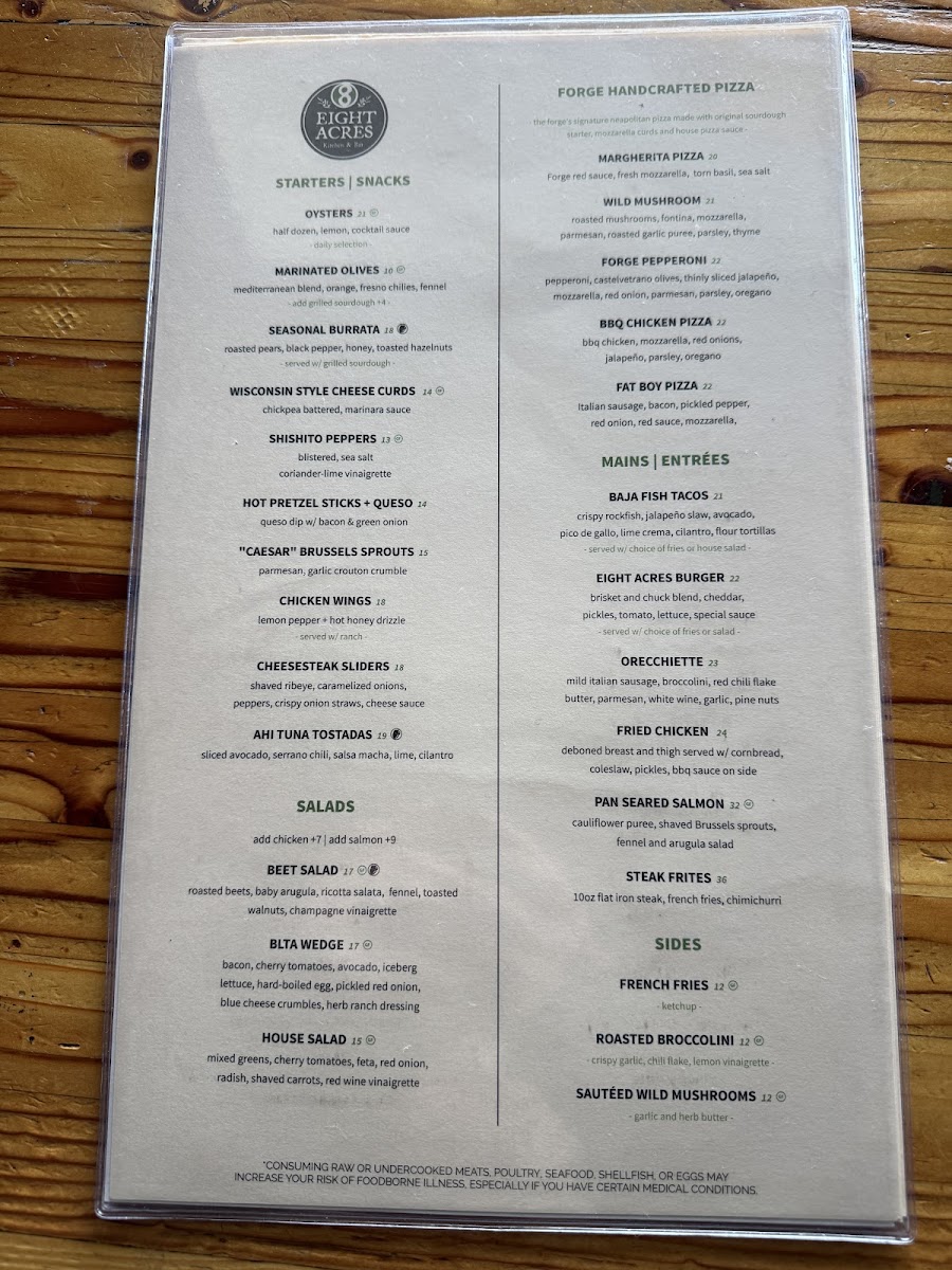 Eight Acres | Kitchen & Bar menu board