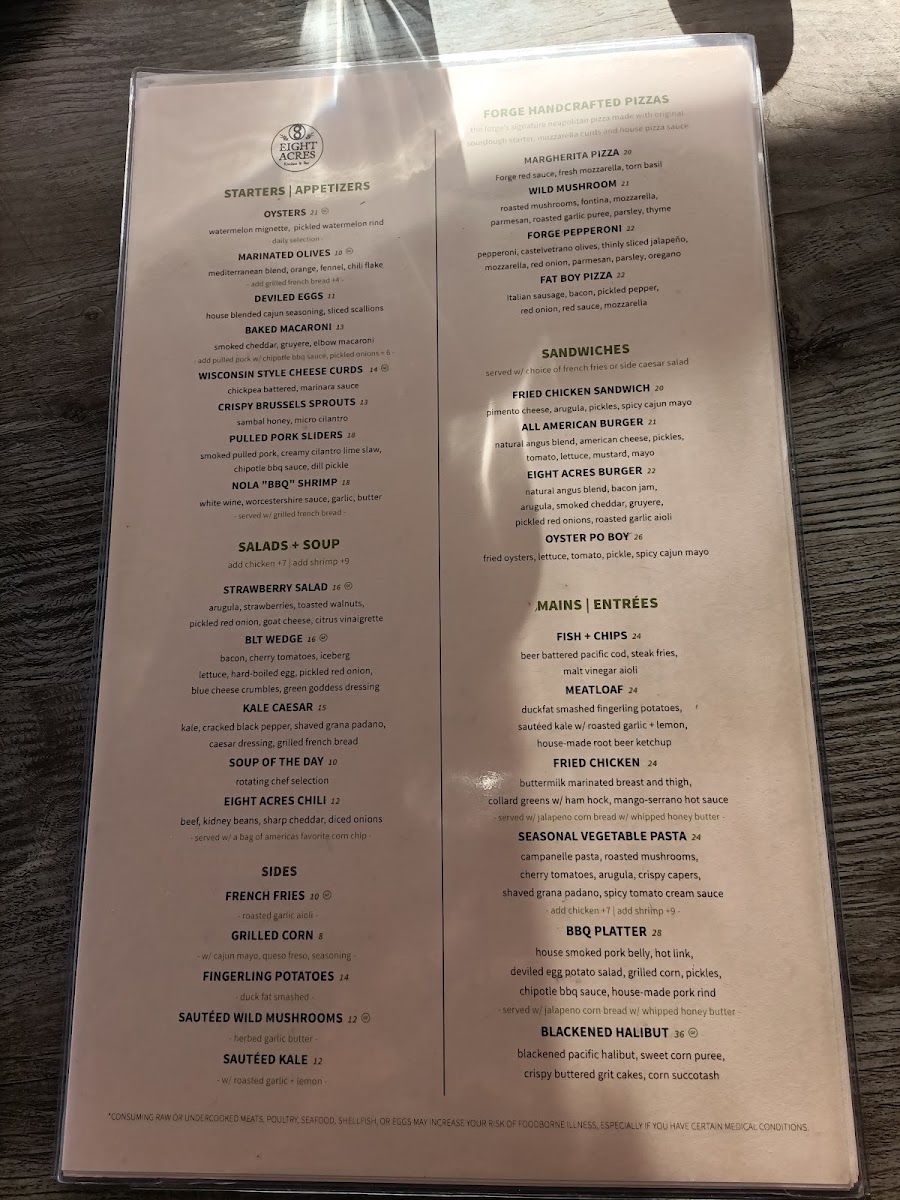 Eight Acres | Kitchen & Bar menu board