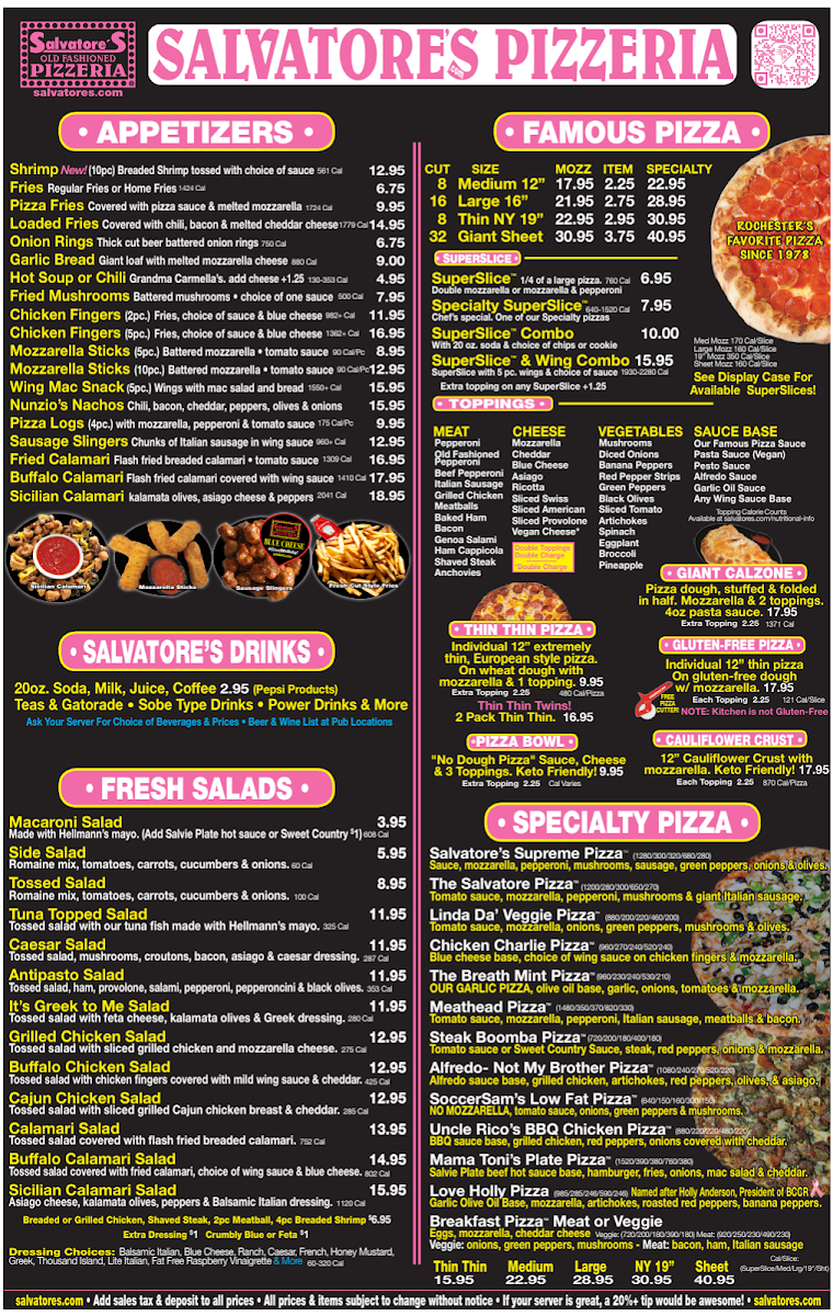Salvatore's Old Fashioned Pizzeria menu board