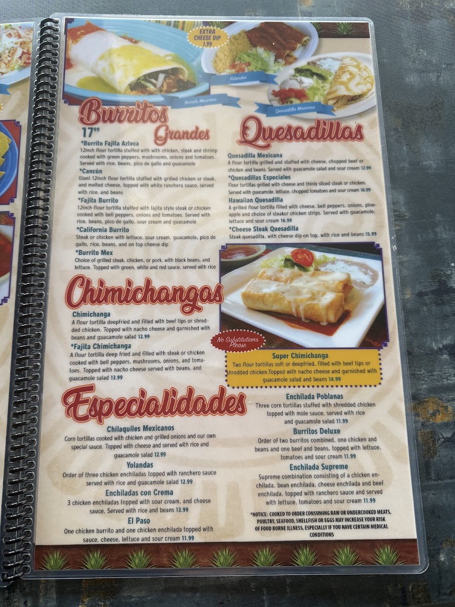 Rey Azteca menu board