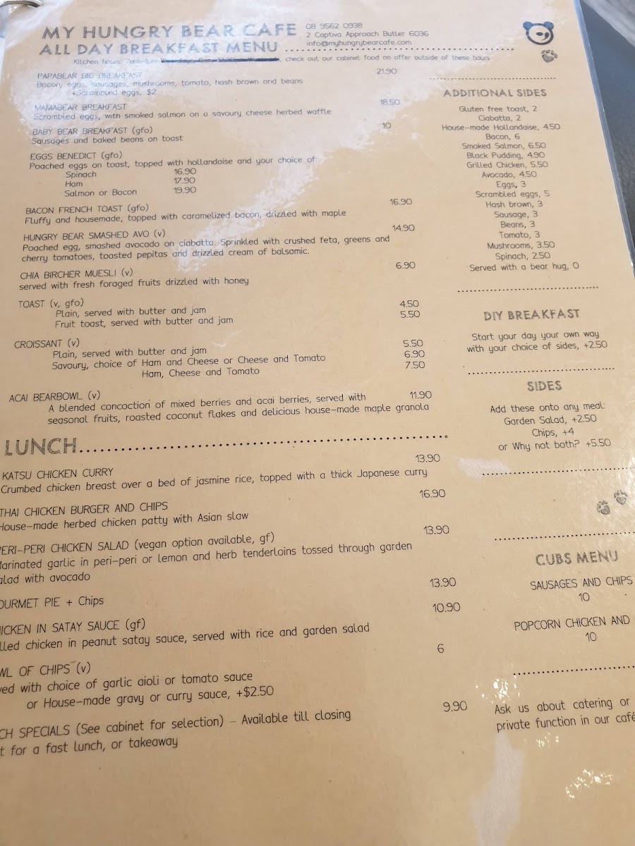 My Hungry Bear Cafe menu board