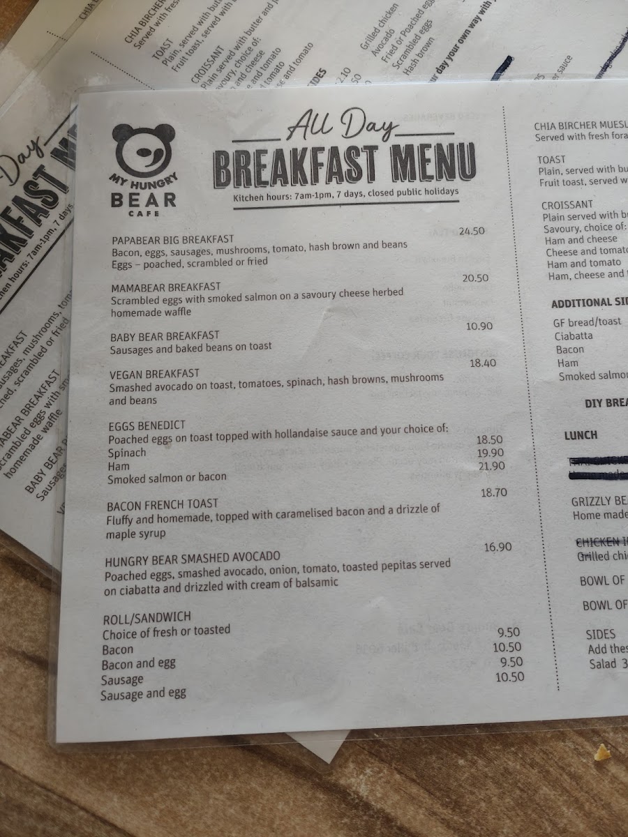 My Hungry Bear Cafe menu board
