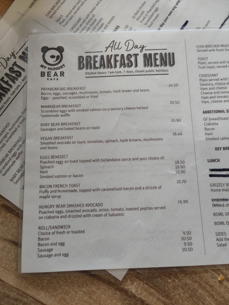 My Hungry Bear Cafe menu board