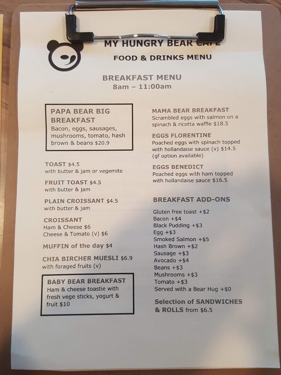 My Hungry Bear Cafe menu board