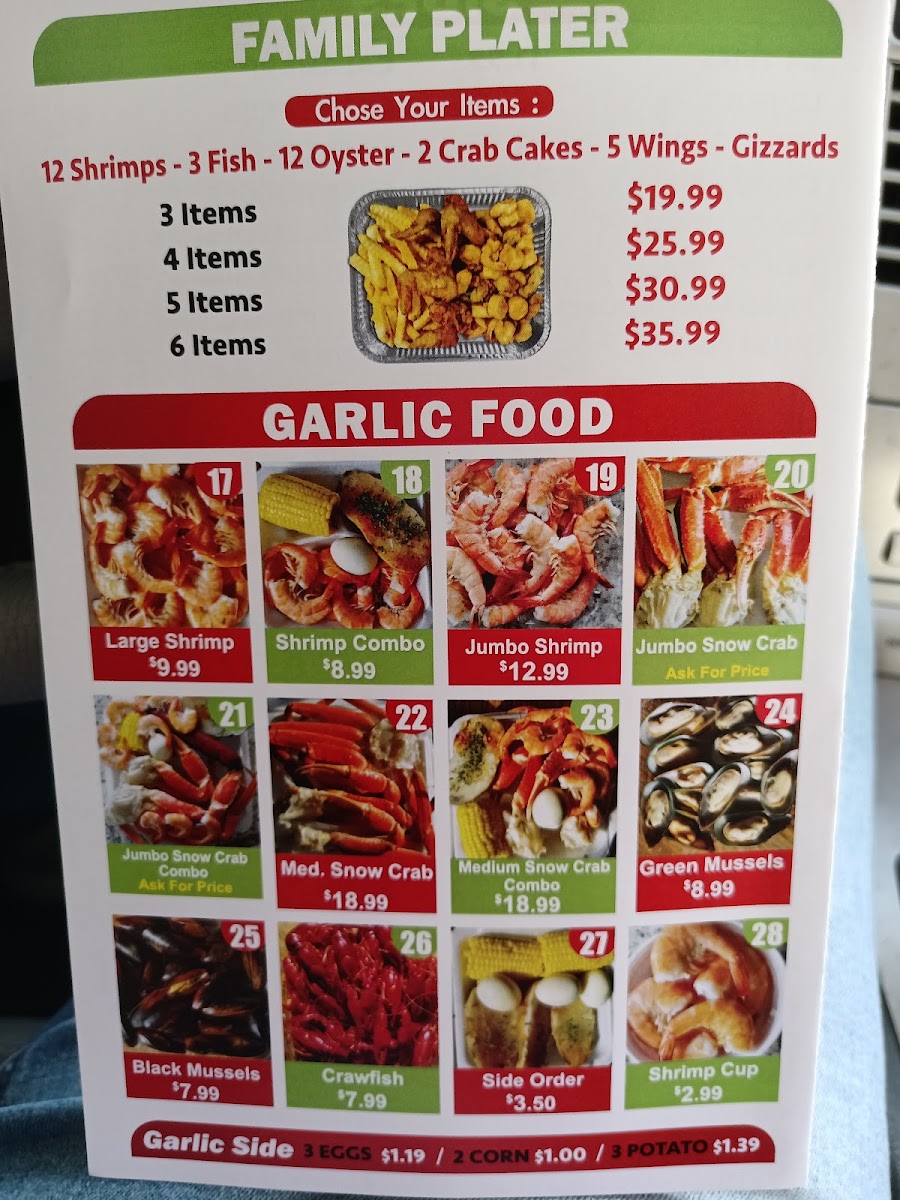 Tasty seafood chicken and subs menu board