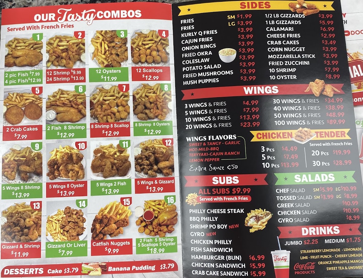 Tasty seafood chicken and subs menu board