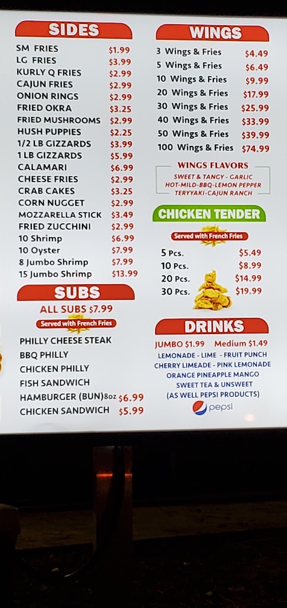 Tasty seafood chicken and subs menu board
