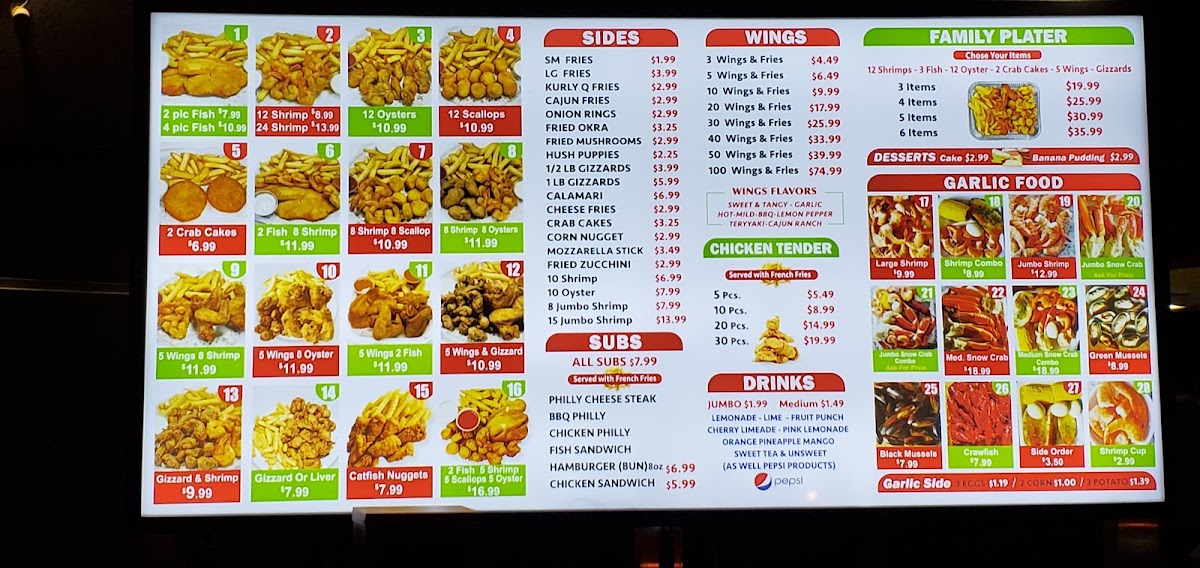 Tasty seafood chicken and subs menu board