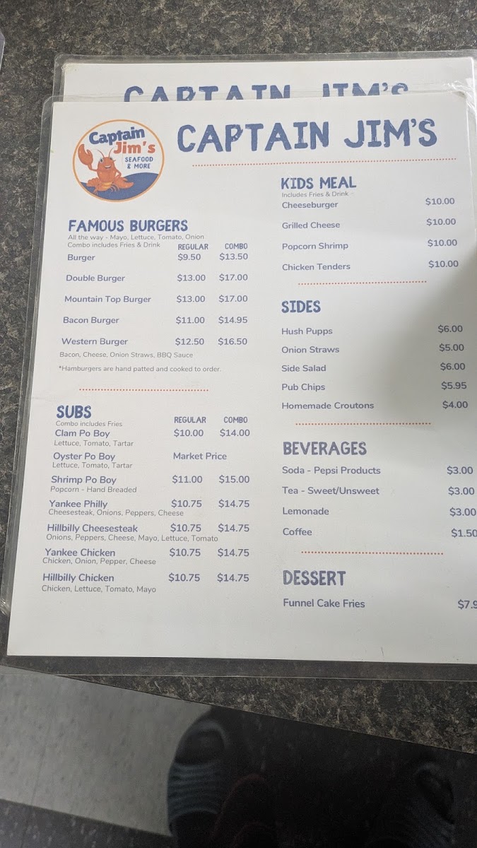 Captain Jim's Restaurant And Seafood menu board