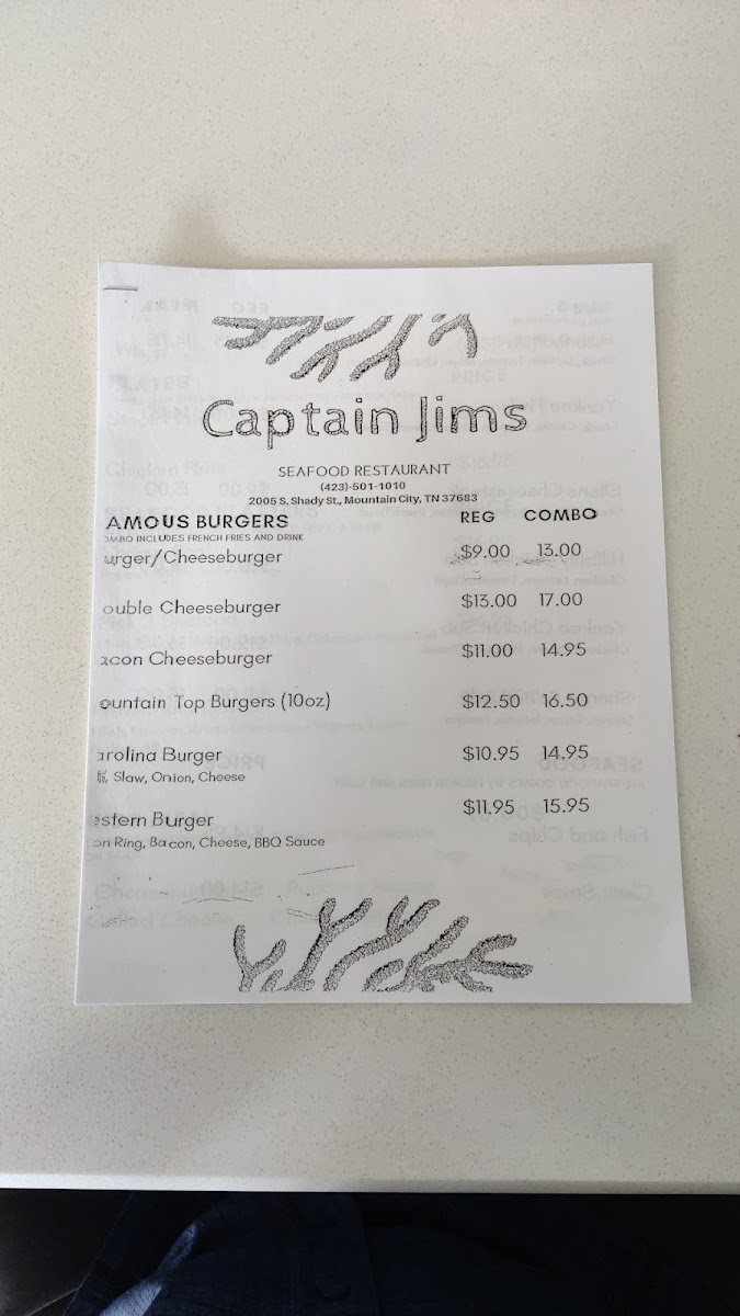 Captain Jim's Restaurant And Seafood menu board