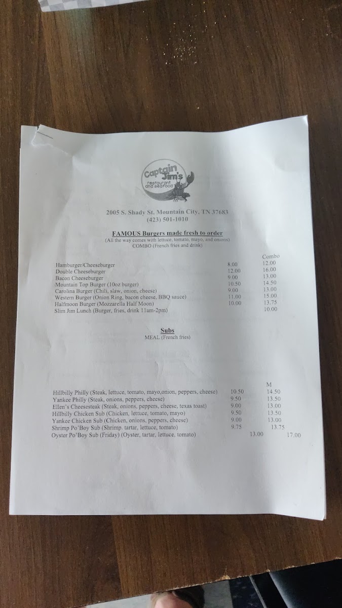 Captain Jim's Restaurant And Seafood menu board