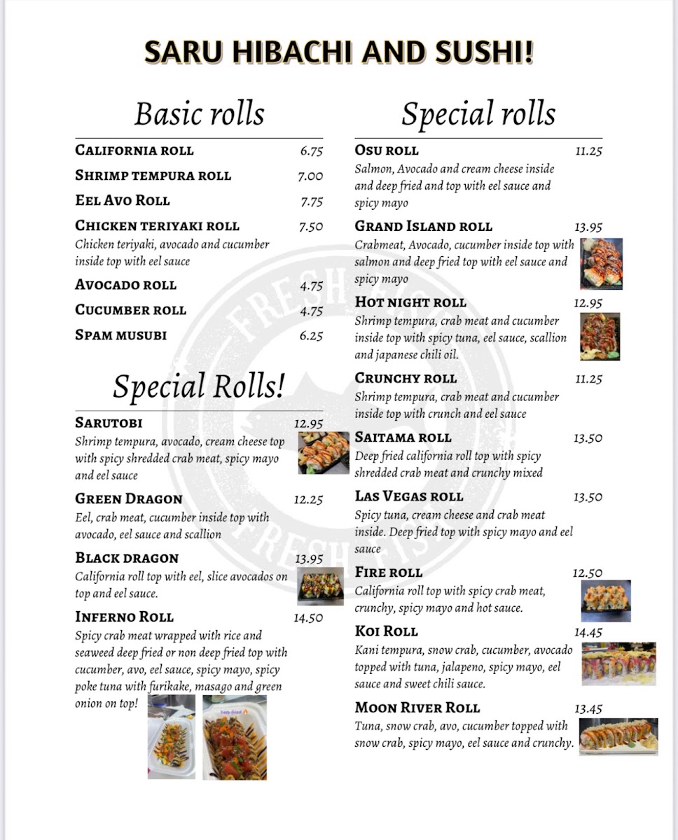 Saru Hibachi and Sushi Grand Island menu board