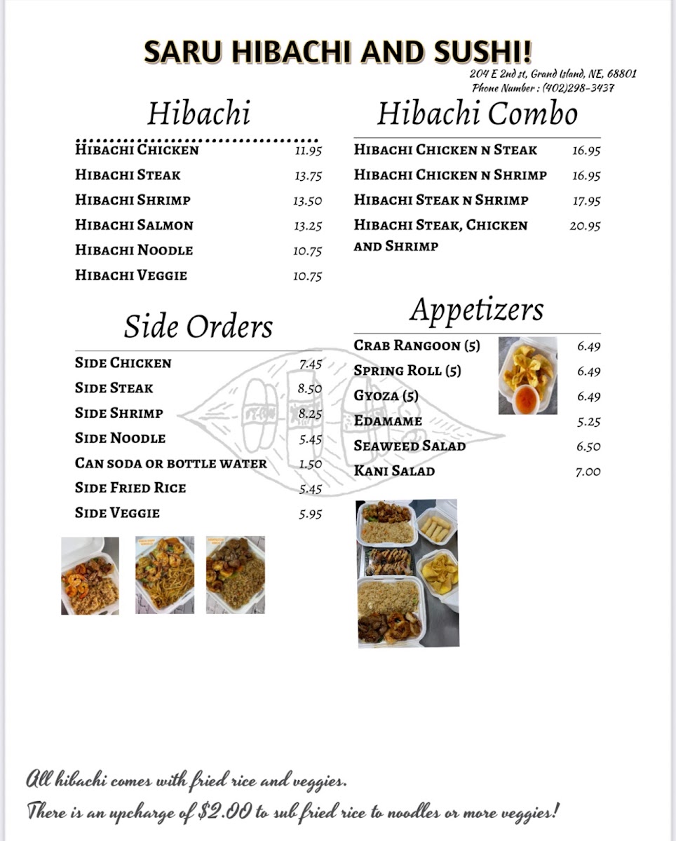 Saru Hibachi and Sushi Grand Island menu board