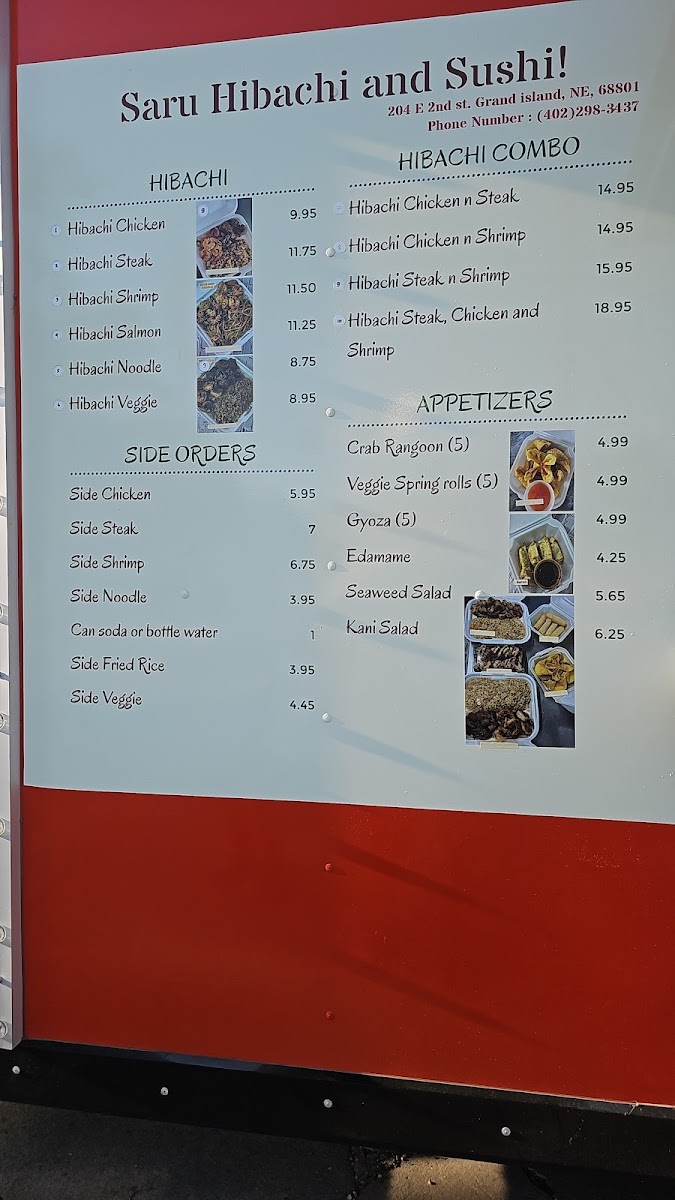 Saru Hibachi and Sushi Grand Island menu board