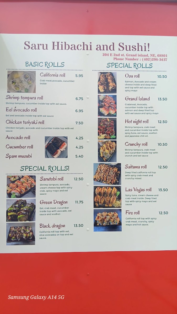 Saru Hibachi and Sushi Grand Island menu board