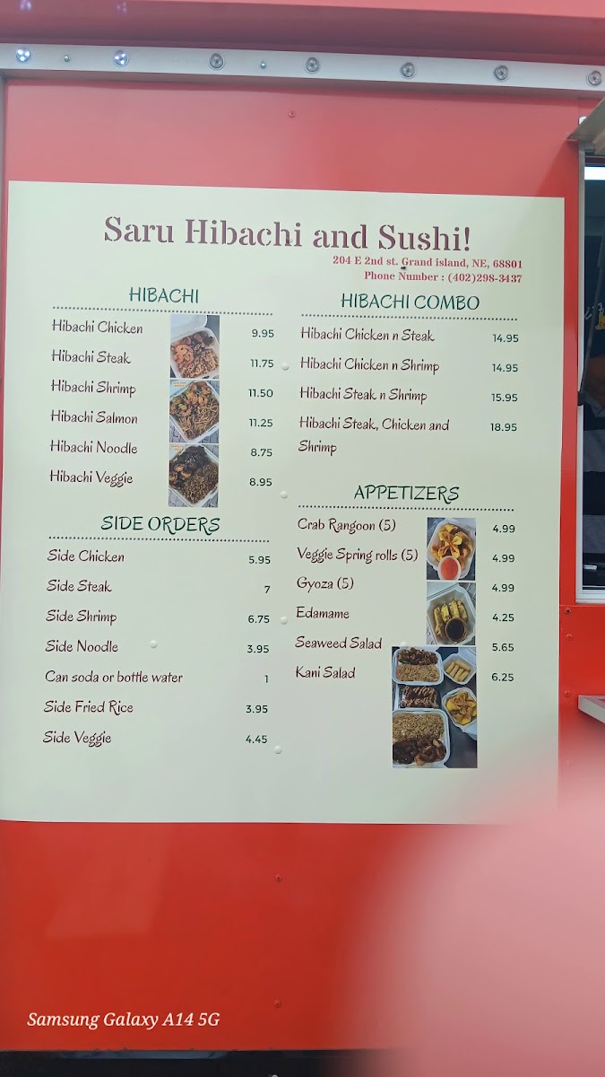 Saru Hibachi and Sushi Grand Island menu board
