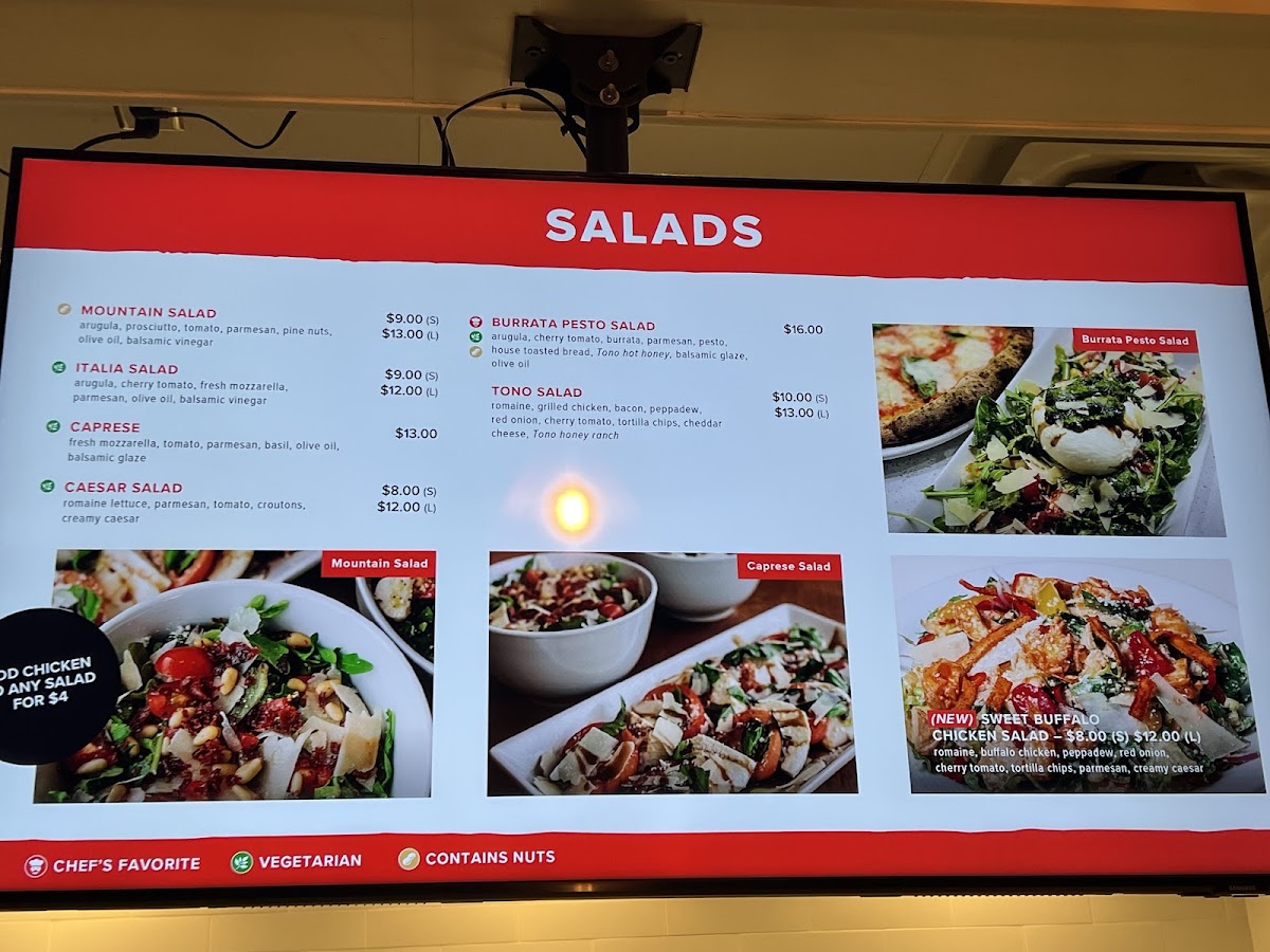 Tono Pizzeria + Cheesesteaks menu board