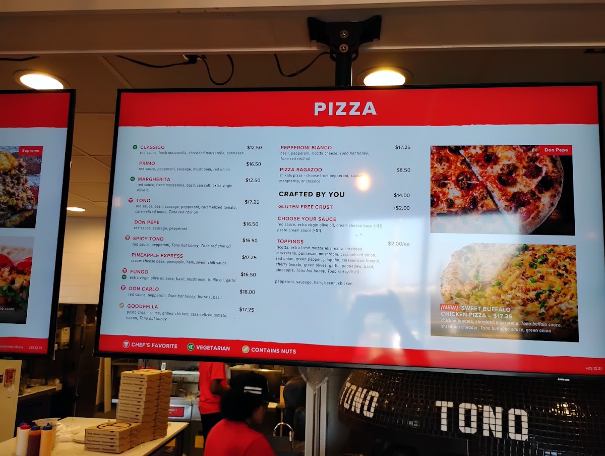 Tono Pizzeria + Cheesesteaks menu board