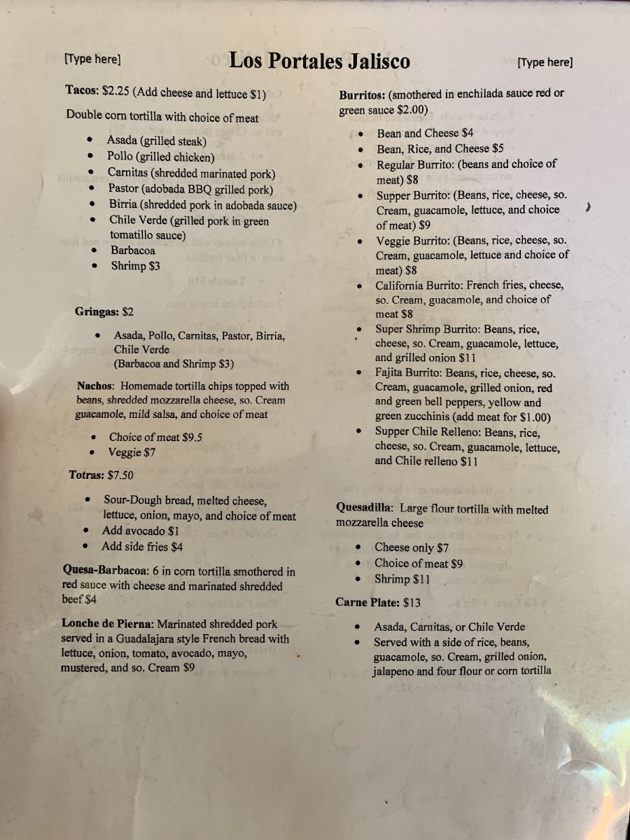 Los Portales Jaliscos | Mexican menu board