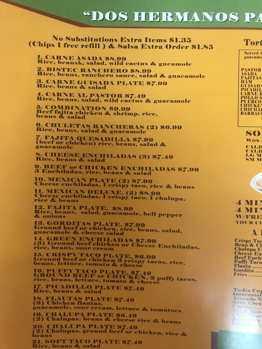 Dos Hermanos Mexican Restaurant menu board