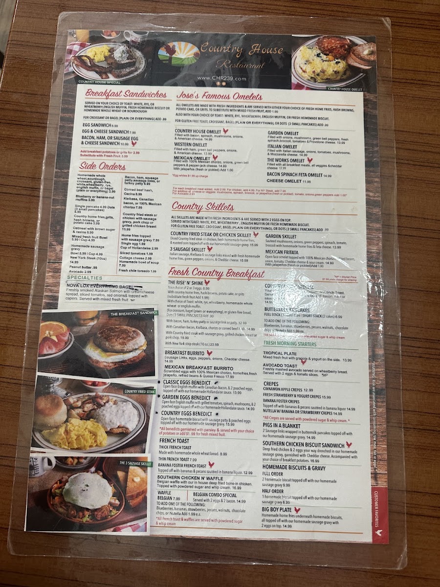 Country House Restaurant menu board