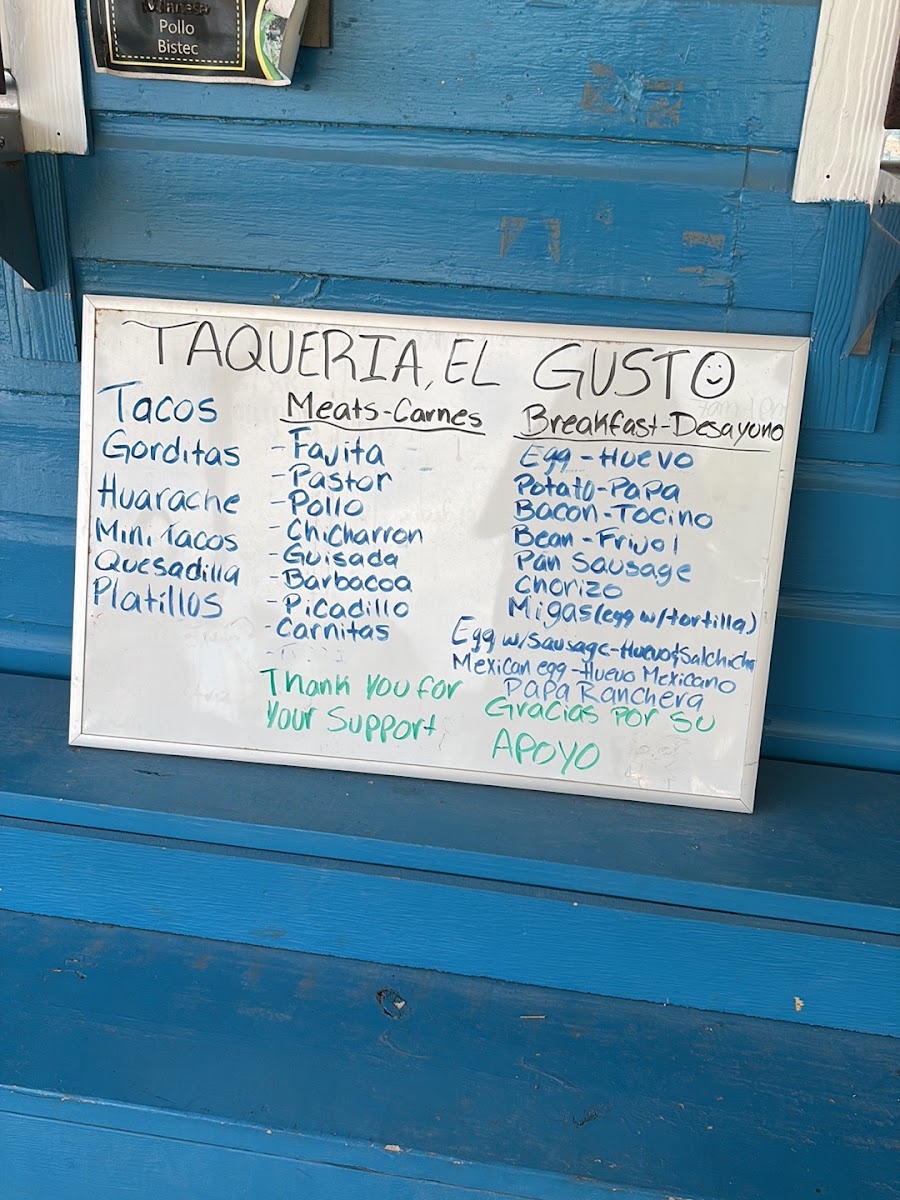Taqueria El Gusto menu board