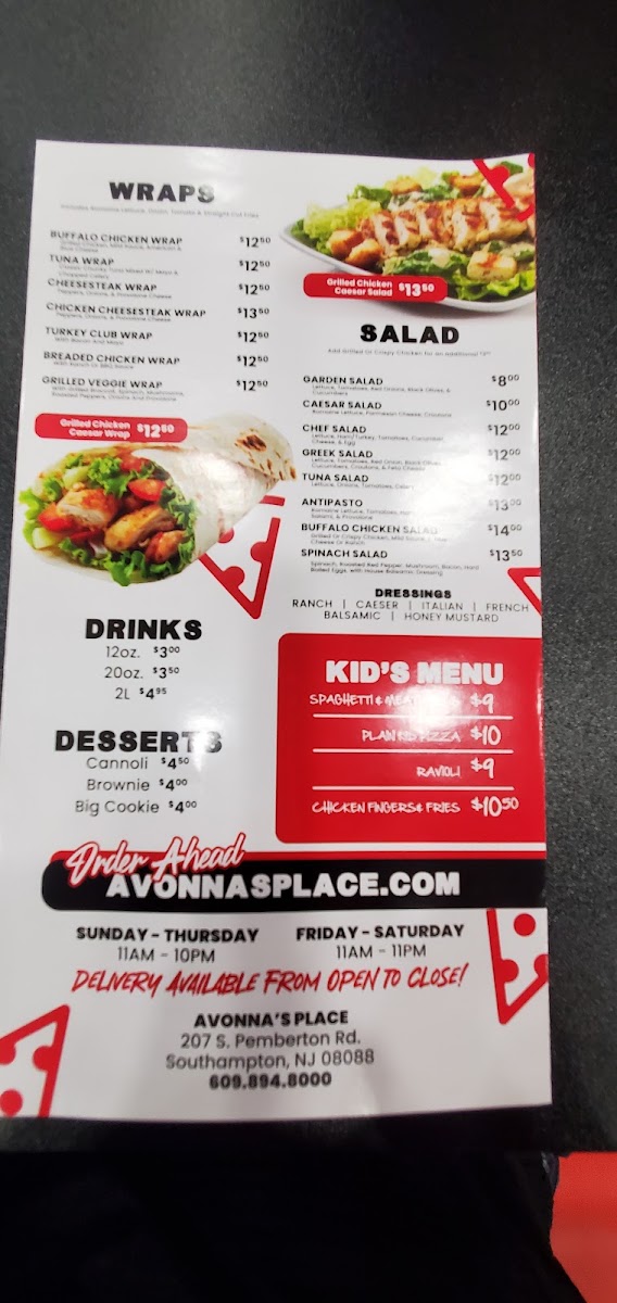 Avonna's Place menu board