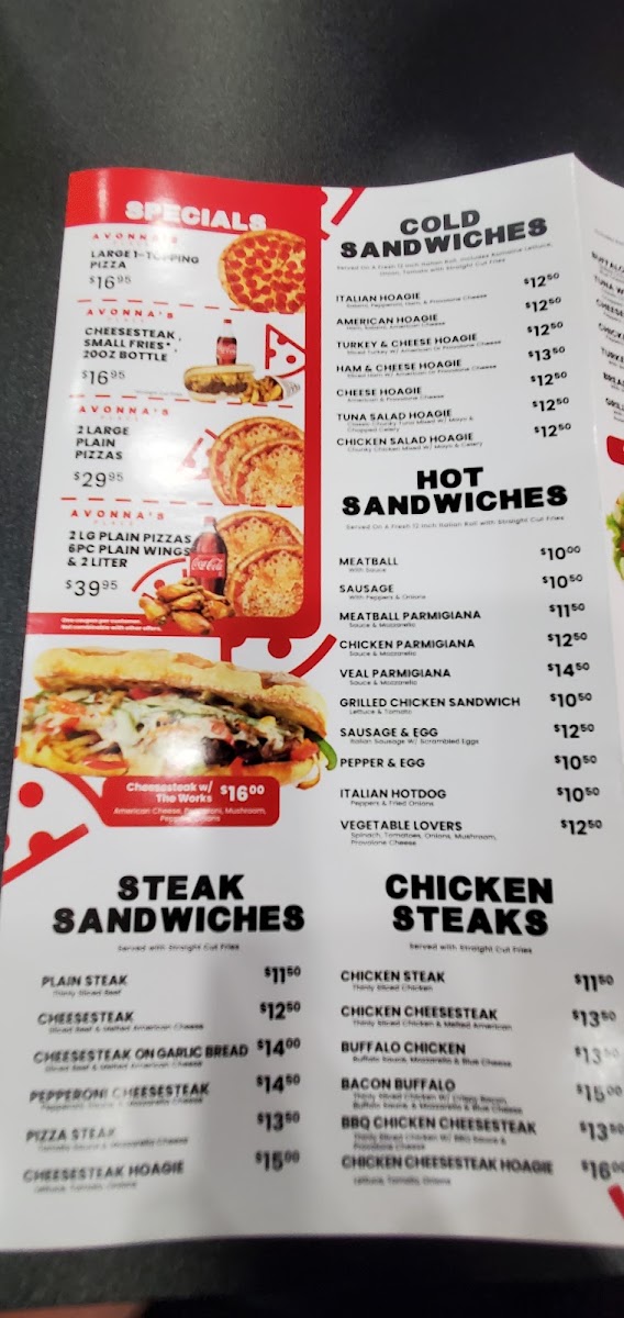 Avonna's Place menu board